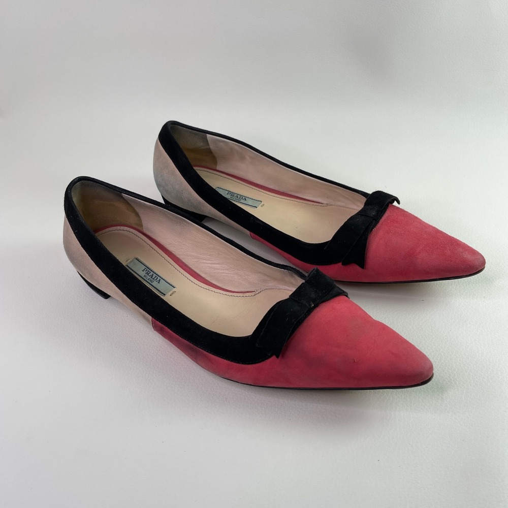 Prada Pink Beige Suede Colorblock Pointed Toe Bow Flats Shoes 38.5 Made in Italy